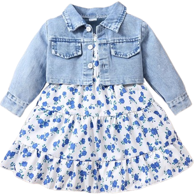 SHEIN Baby Girl Flap Pocket Denim Jacket & Floral Print Ruffle Hem Cami Dress