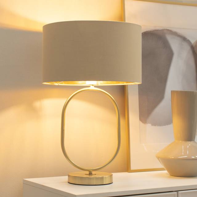 ValueLights Antonia Beige with Gold Inner Drum Shade Brushed Gold Oval LED Table Lamp - 42.3 x 25 x 25cm