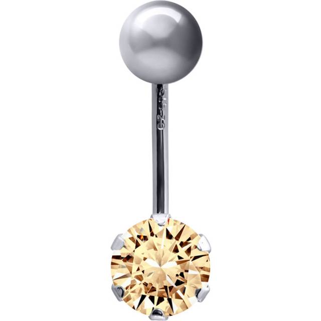 (9ct White gold, Peach) Jewelco London Ladies 9ct Yellow Gold 6mm Cubic Zirconia Solitaire Banana Belly Bar Body Piercing 10mm - JBJ100-101
