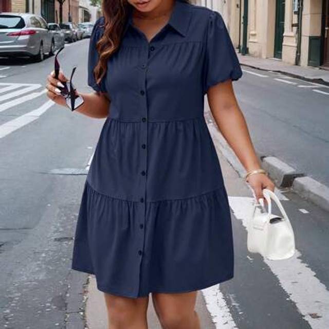 Calvaya Plus Size Simple Solid Color Balloon Sleeve Shirt Dress For Summer