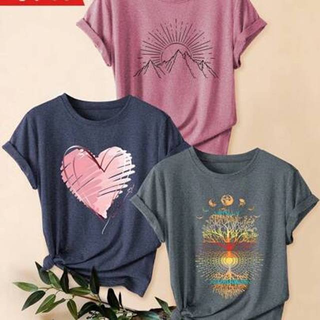SHEIN Summer Workout 3pcs Vintage Sun Tree Mountain Print Women&#39;s Casual Sports Tees - Crew Neck, Short Sleeve, Stretchy & Machine Washable