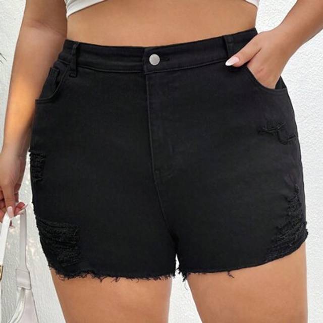 SHEIN Plus Size Women&#39;s Corrugated Linen Black Denim Shorts (With Pockets And Elastic Waist)