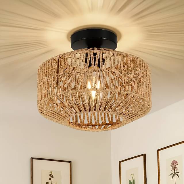 (Flaxen) Handmade Woven Rattan Ceiling Light â Modern Iron Pendant Fixture for Hallway, Study, or Living Room