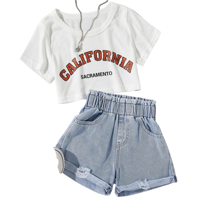 SHEIN Young Girl Letter Graphic Tee & Paperbag Waist Ripped Denim Shorts