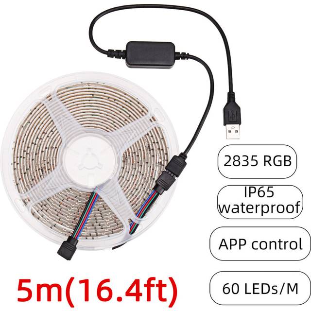 (5M) 1-5M USB LED Lights Strip 2835 RGB APP Control IP65 Waterproof TV Back Light Waterproof
