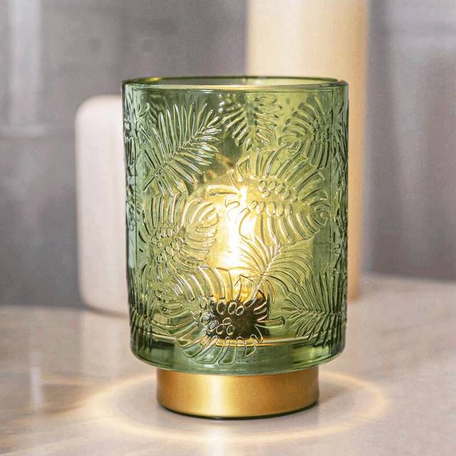 Small Battery Operated Lamp - Portable Cordless for Home Decor, Glass Table with Decor Aesthetic Jade Green
