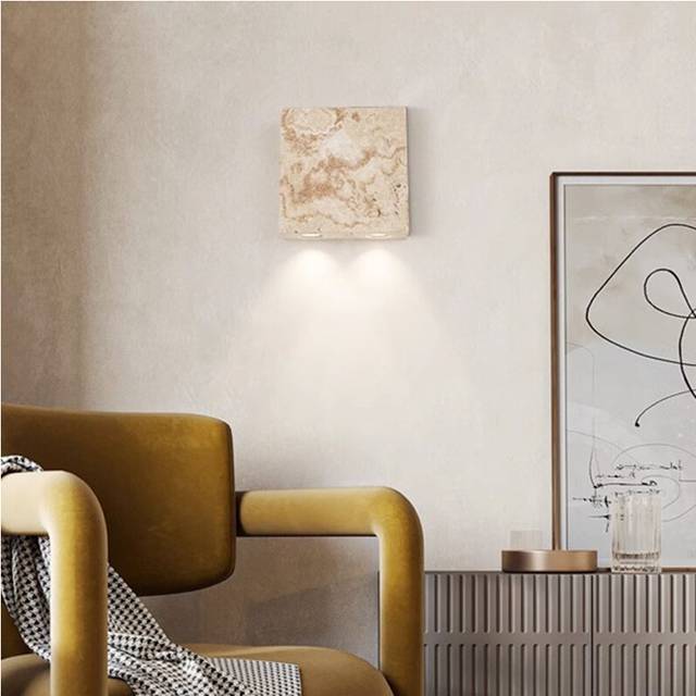 Yellow Travertine Wabi-Sabi Cream Style Bedroom Bedside Wall Lamp Entrance Spotlight