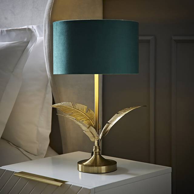 ValueLights Christina Green Velvet & Gold Shade Palm Leaf Table Lamp