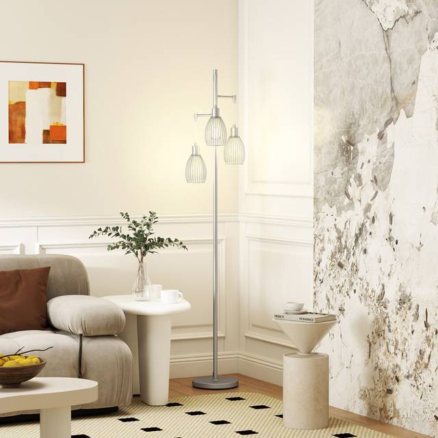 HOMCOM Industrial 3-Light Floor Lamp Dimmable Standing Lamp, Silver Tone