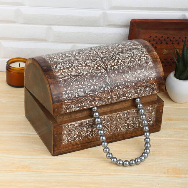 Ajuny Handcrafted Decorative Wooden Jewelry Box Floral Pattern Multipurpose Treasure Chest Jewellery Storage Organizer Trinket keepsake Earrings,