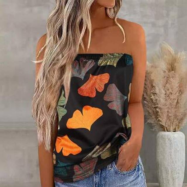 INAWLY Plus Size Women&#39;s Ginkgo Leaf 3D Print Loose Fit Lightweight Tube Top, Spring/Summer