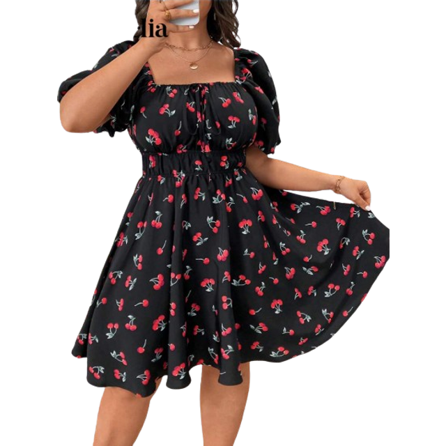 Franclia Cherry Print Puff Sleeve Square Neck Plus Size Boho Knee-Length Dress With Cinched Waist, For Summer