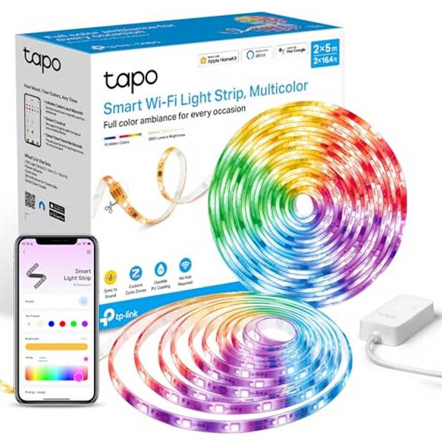 Tapo Smart LED Strip Light, 2x5m, Wi-Fi App Control RGBW Multicolour LED Light Strips, PU Coating, Works with Alexa & Apple HomeKit, Suitable for TV
