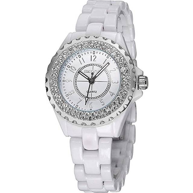 Women Diamonds White Ceramic Wristwatch Girls Waterproof Watch