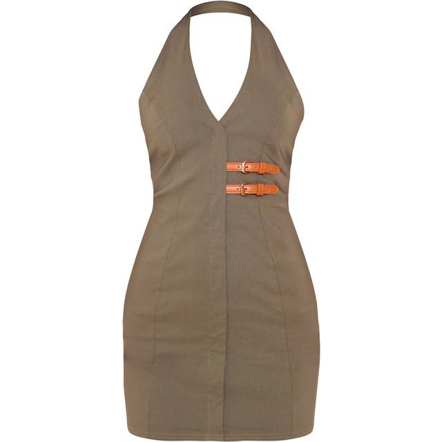 Dark Khaki Stretch Woven Belted Bodycon Dress, Dark Khaki - 8