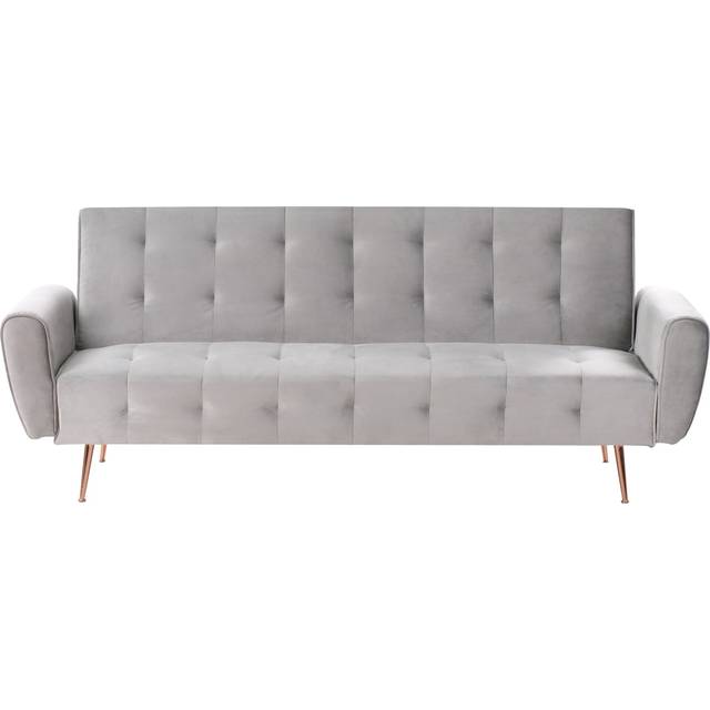Beliani - Modern Velvet Sofa Bed Convertible Sleeper Tufted with Side Pocket Metal Copper Legs Light Grey Selnes
