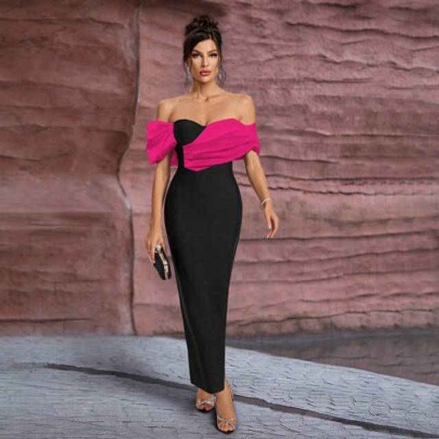 SHEIN Contrast Color Splice Off-Shoulder Long Bodycon Formal Dress, Party Dress, Wedding Guest Dress, Evening Dress