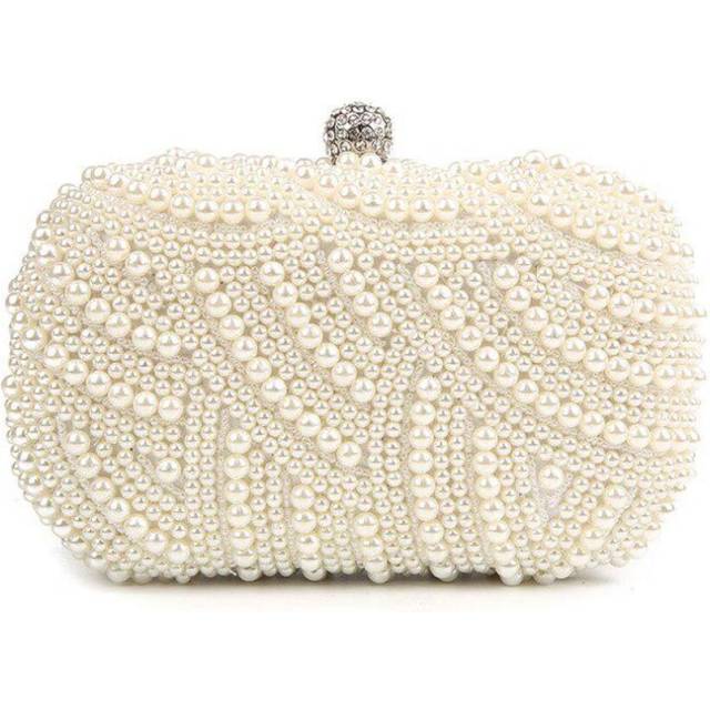 (beige) Hand made Luxury Pearl Clutch Women Purse Diamond Chain Evening Bag Party Wedding Bolsa Feminina bag
