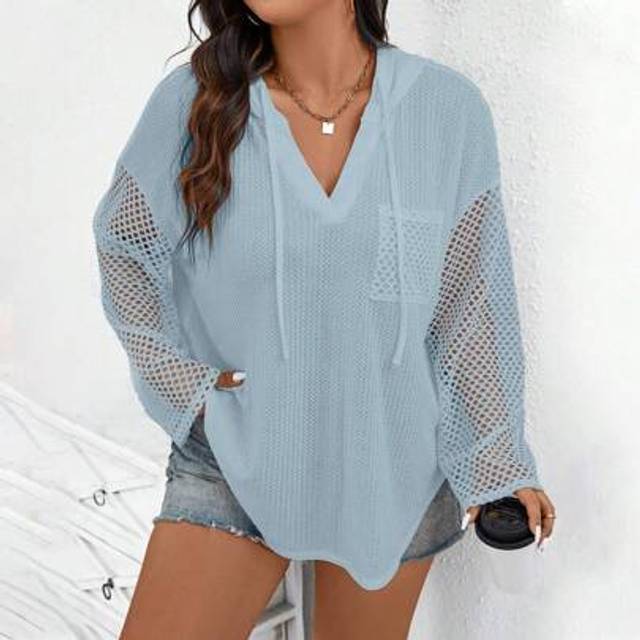 SHEIN Plus Size Women&#39;s Solid Color Drawstring Hooded Openwork Long Sleeve Loose T-Shirt,Spring/Summer