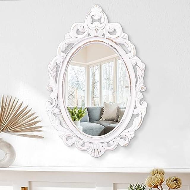 Väggspegel oval barock stil vintage speglar för vägg trä hängande Arendahl traditionell spegel dekorativ för badrum sovrum vardagsrum entré dekor 60 x 40 cm vit