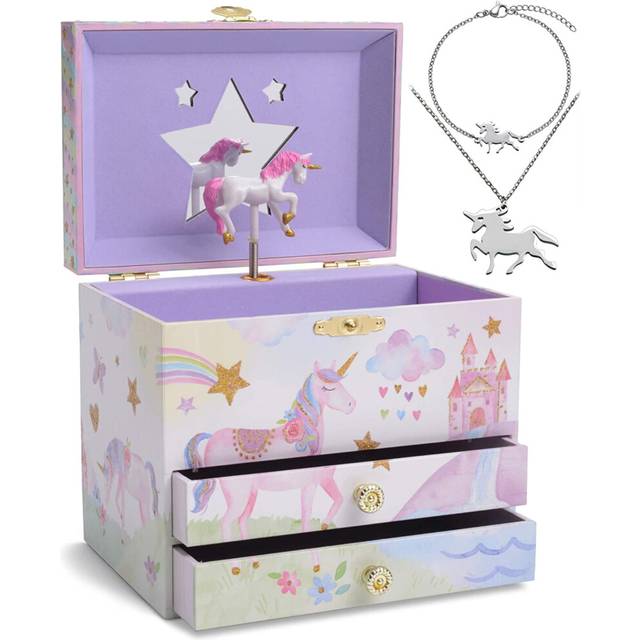 Jewelkeeper Unicorn Musical Jewelry Box for Little Girls - Kids Jewelry Storage with 3 Pullout Drawers - Music Jewellery Case with Necklace and