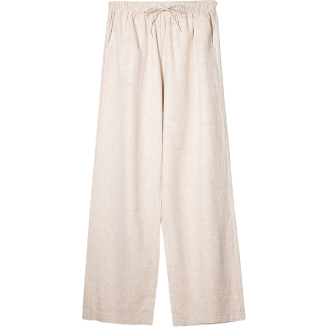 Bershka – Ljusbeiga byxor i linnemix med knytmidja och vida ben-Naturlig