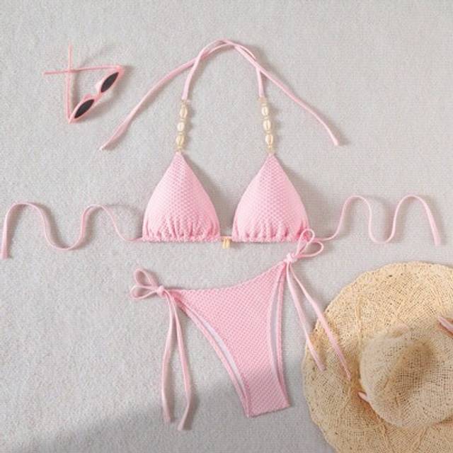 SHEIN Women Summer Beach Solid Color Halter Tie Sexy Pink Bikini Set Cute Bathing Suit