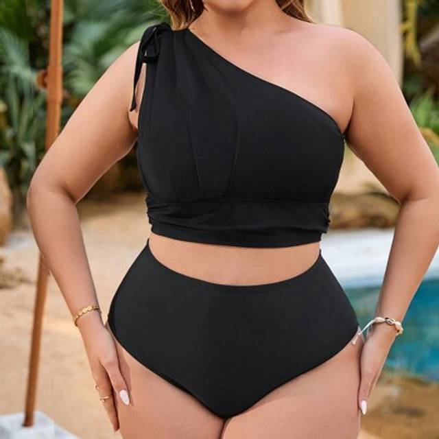 1 st Plus Size Dam Svart Asymmetrisk Hals Tankini Set Badkläder, för sommarstrandsemester - Blått och Vitt (0XL,1XL,2XL,3XL,4XL)