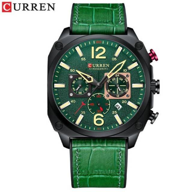 (green) Curren Men's Top Brand Fashion Watch Casual Sports Leather Chronograph Quartz Wrsitwatches For Male Luminous Hands Clock 8398 - Green