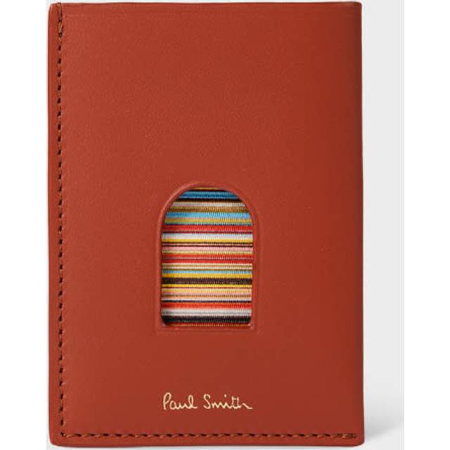 Paul Smith Brick Red Leather 'Signature Stripe' Thumb Hole Card Holder - One Size