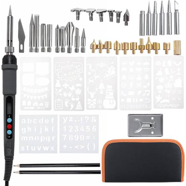 (EU Plug) 42Pcs 60W Wood Burning Pen Tool Soldering Stencil Iron Craft LCD Pyrography Soldering Tools Kit