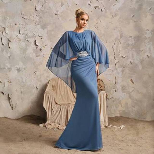 SHEIN High-End Ruched Fitted Waist Dress With Cape, Elegant For Evening Party Gown, Wedding Guest Dress, Formal Dress