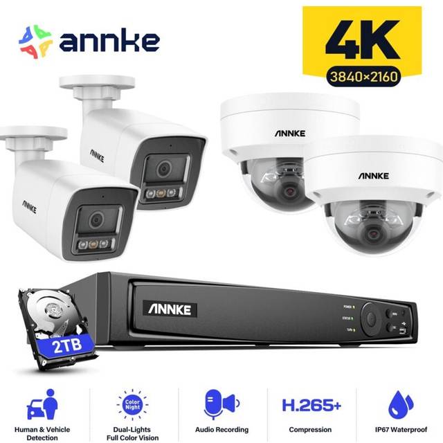 Annke - 16CH 4K PoE Security Camera System, 8MP 4 Bullet + 4 Dome Outdoor Surveillance Camera Night Vision, 2TB