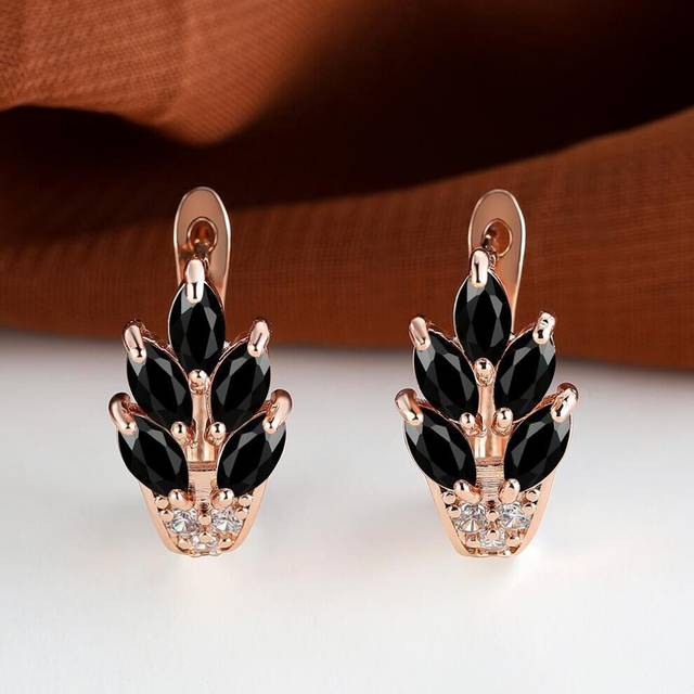 (black) Fashion Women Rose Gold Color Leaf Ear Hook Earrings Marquise Cut Red Blue Purple Stone Pendant Earrings Jewelry Bridal Wedding Gift Accessori
