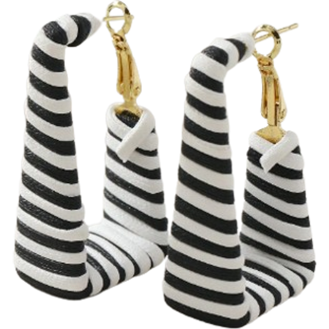 SHEIN 1pair Bohemian Style Black & White Striped / Zebra Striped / Yellow & White / Red & White Leather Hand-Woven C-Shaped Rectangle Earrings, Simple & Fas
