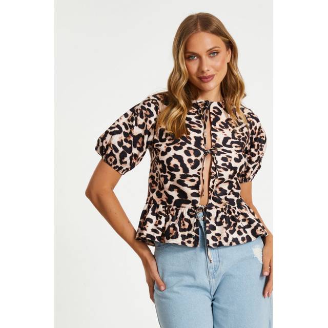 Quiz Womens Brown Leopard Print Tie Top Viscose - Size 12 UK