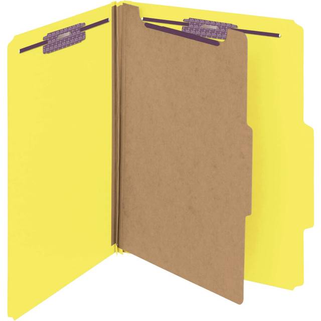 "Smead Pressboard Classification File Folder with SafeSHIELD Fasteners  1 Divider  2"""""""" Expansion  Letter Size  Yellow  10 per Box (13734)"