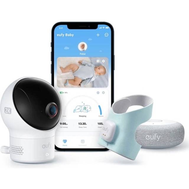 eufy Smartstrumpa, för övervakning av bebis, 2,4 GHz Wi-Fi, spårar sömnmönster, tupplurar, hjärtfrekvens och blodsyrenivåer, 2K-kamera, AI-gråtavkänning, panorering och lutning, ingen månadsavgift