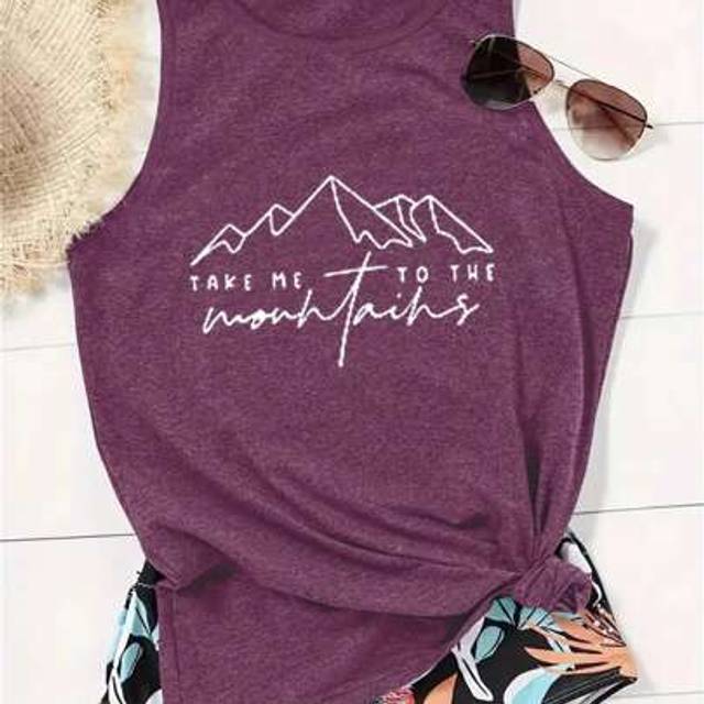 Tryckt camisole med rund hals, Casual sommar ärmlöst linne för kvinnor - Blåröd (L,M,S,XL,XXL)