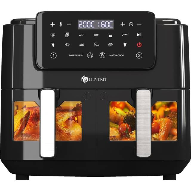 LLIVEKITDigital Dual Zone Oil Free Air Fryer 9L Large for Family with 2 Drawers, Cookbook, 10 Presets, Match Cook & Smart Finish, Low Fat Air Fryer