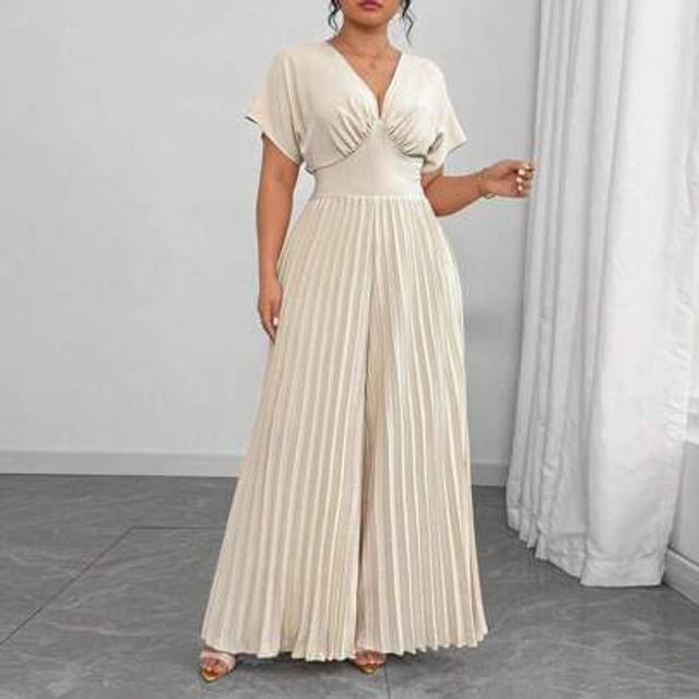 Plus Size V-hals Enfärgad Kortärmad Jumpsuit, moderiktig för sommaren - Beige (0XL,1XL,2XL,3XL,4XL)