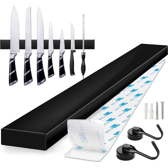 Trhillsbrad Magnetlist kniv, 40 cm knivhållare magnetisk med 3 krokar rostfritt stål knivlist självhäftande, svart väggfäste magnetlist utan borrning, knivhållare för köksknivar