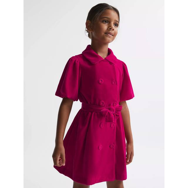 Reiss Kids' Nancy Velvet Double Breasted Belted Dress, Pink