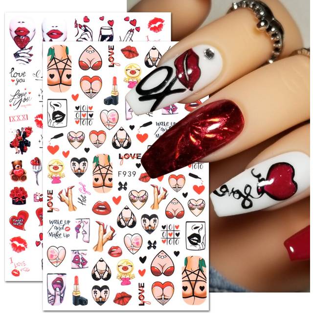 Valentines Day Nail Art Stickers Decals  Graffiti Love Heart Nail Decorations  3D Self-Adhesive Cute Cartoon Hearts Lips Nail Supplies  Valentines Nai