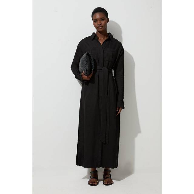 Viscose Linen Woven Belted Shirt Dress - Black