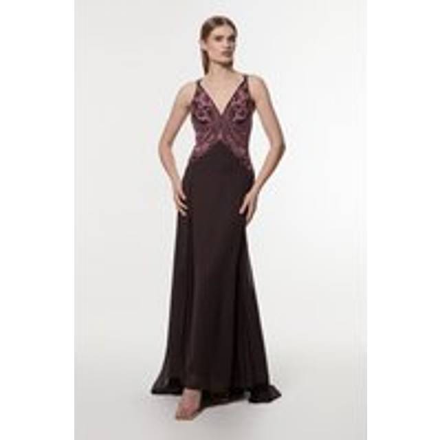 Cutwork Beaded Georgette Pleat Insert Woven Maxi Dress - Brown