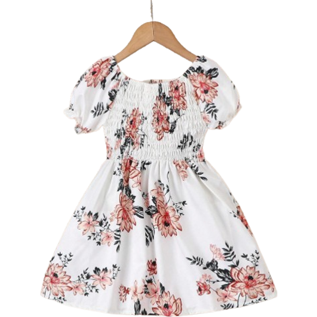 SHEIN Young Girl Floral Print Short Sleeve A-Line Dress With Pockets For Summer