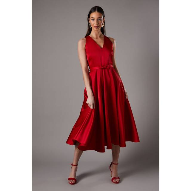 Bow Trim V Neck Volume Skirt Midi Dress - Red - 10