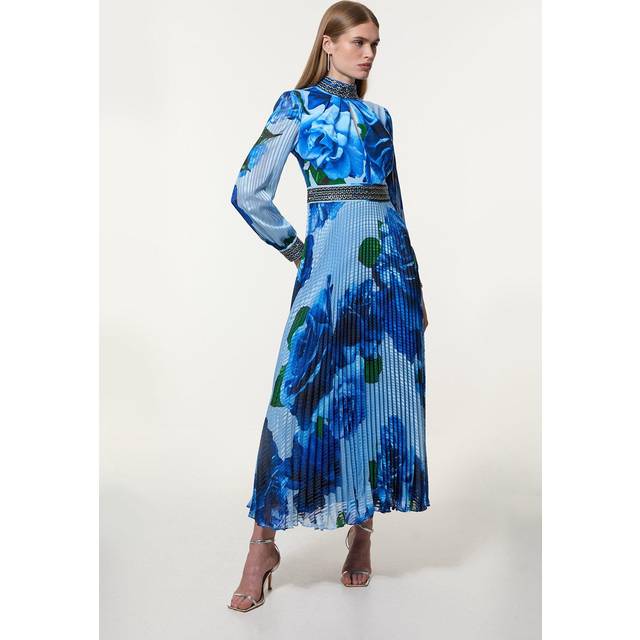 Diamante Trim Delicate Rose Woven Maxi Dress - Blue