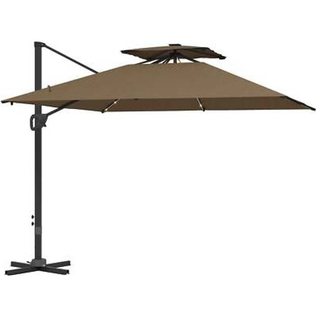 Outsunny 3.5x3 M Garden Cantilever Parasol With Solar Led Lights And Centre Light, Aluminium Large Square Patio Umbrella, Upf50+ Hanging Sun Shade Wit